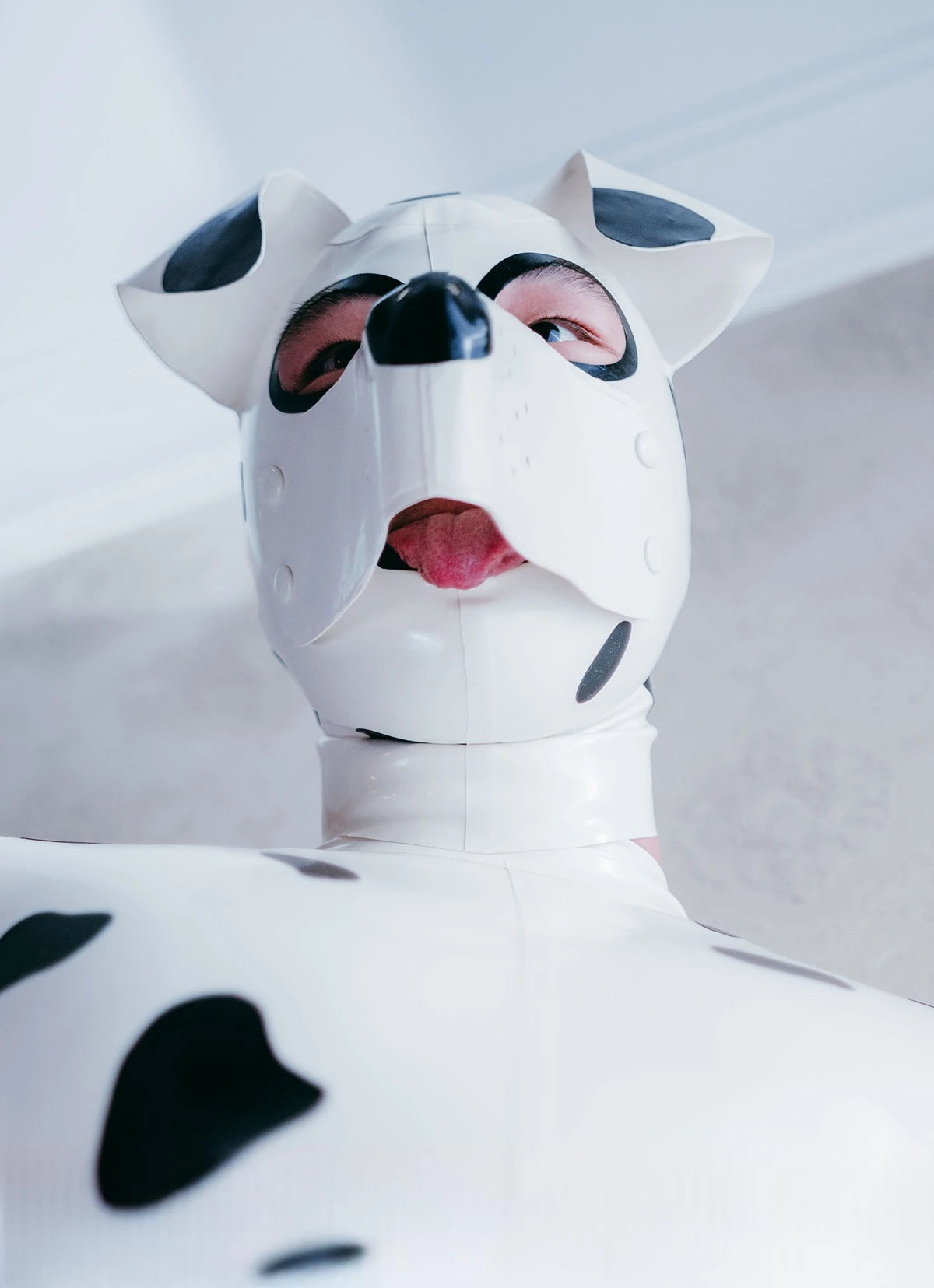 Pure White, trim color is Black Unisex ''Dalmatian' Pup Latex Hood