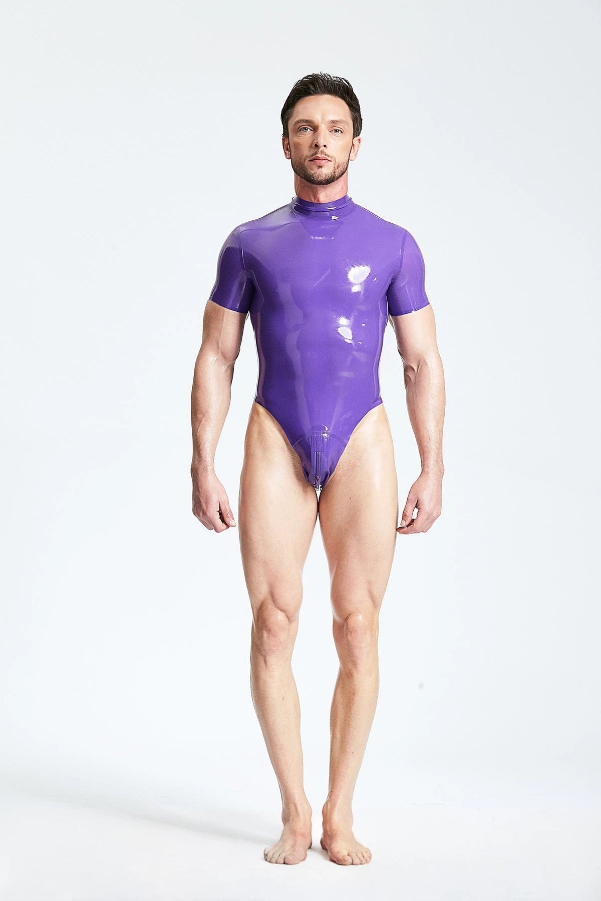 Purple Male Short-sleeved High-cut Latex Leotard
