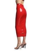 Red Amanda High-Waist Latex Midi Skirt with Back Zip