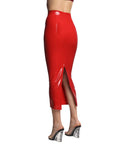 Red Amanda High-Waist Latex Midi Skirt with Back Zip