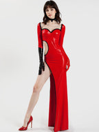 Red Latex Floor-Length Gown — High Slit, Side Cut-Out