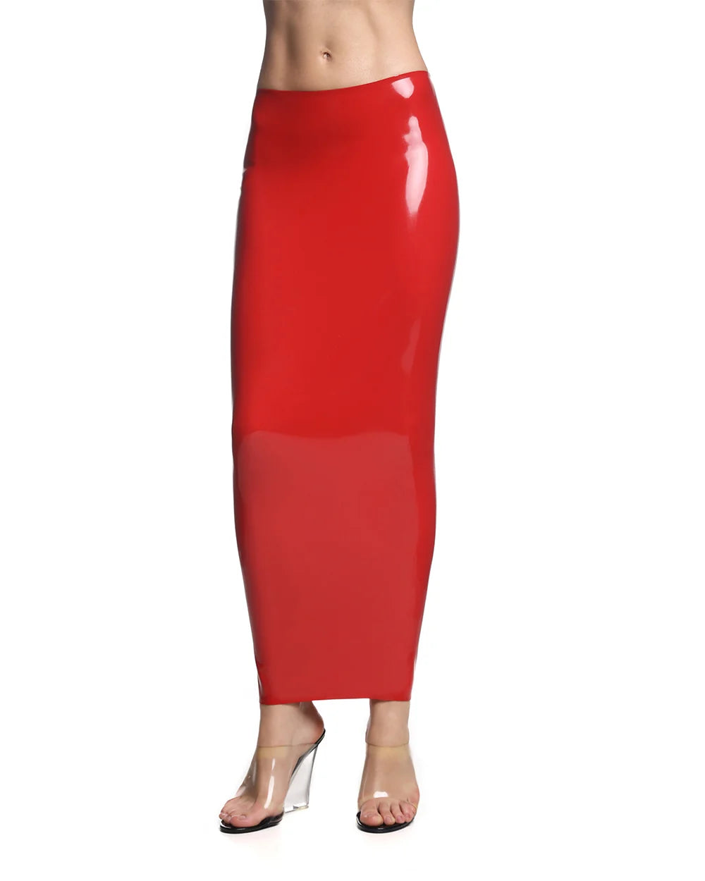 Red Sandra Low-Rise Latex Maxi Skirt with Back Zip