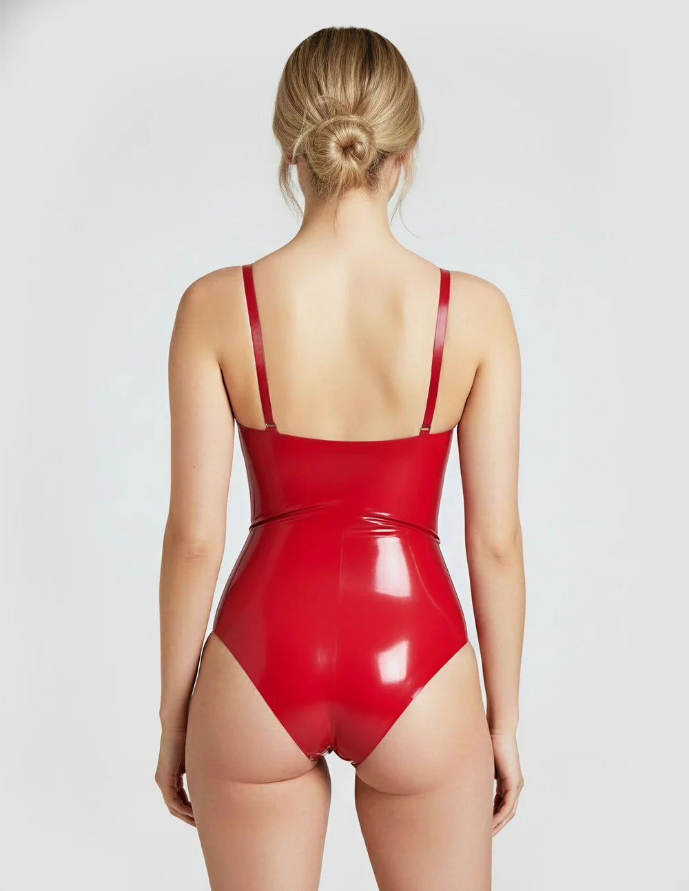 Red V-Neck Latex Bodysuit with Spaghetti Straps