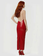 Red Wide-Strap Open-Back Latex Evening Dress