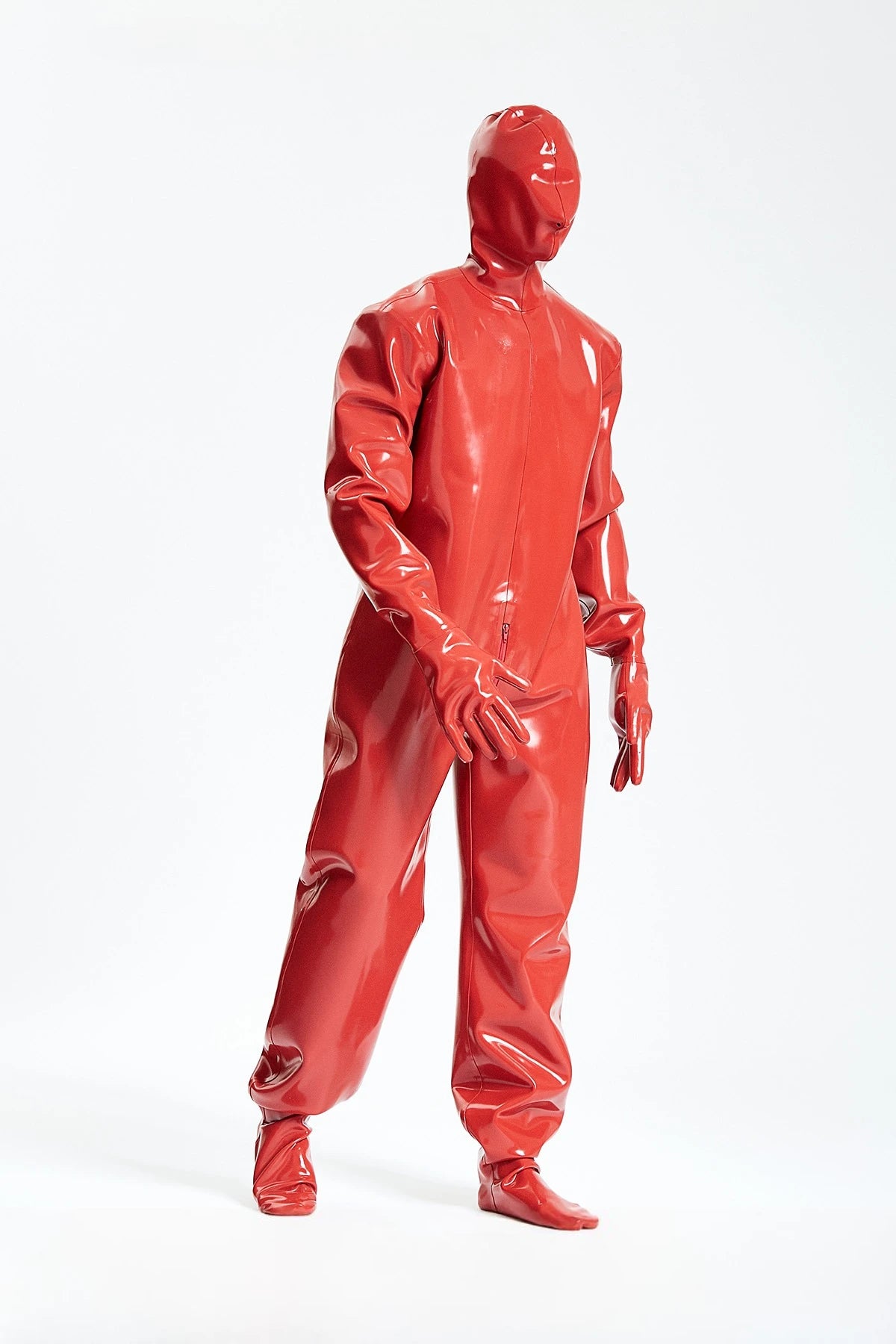 Red Male Hooded Heavy Latex Industrial Enclosure Latex Suit