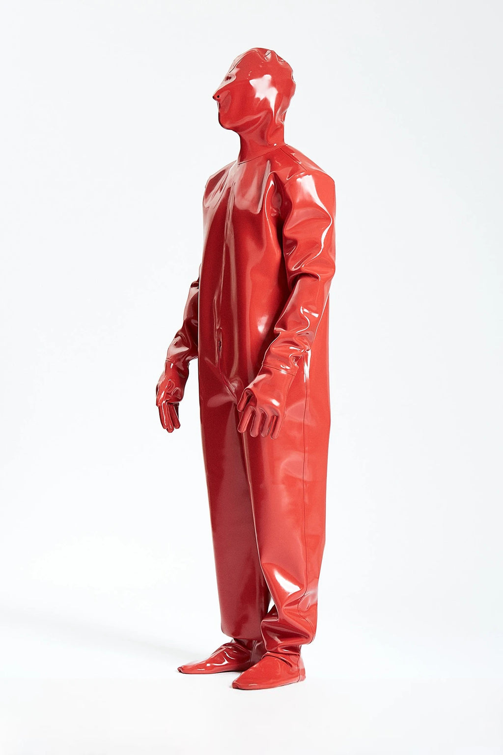 Red Male Hooded Heavy Latex Industrial Enclosure Latex Suit
