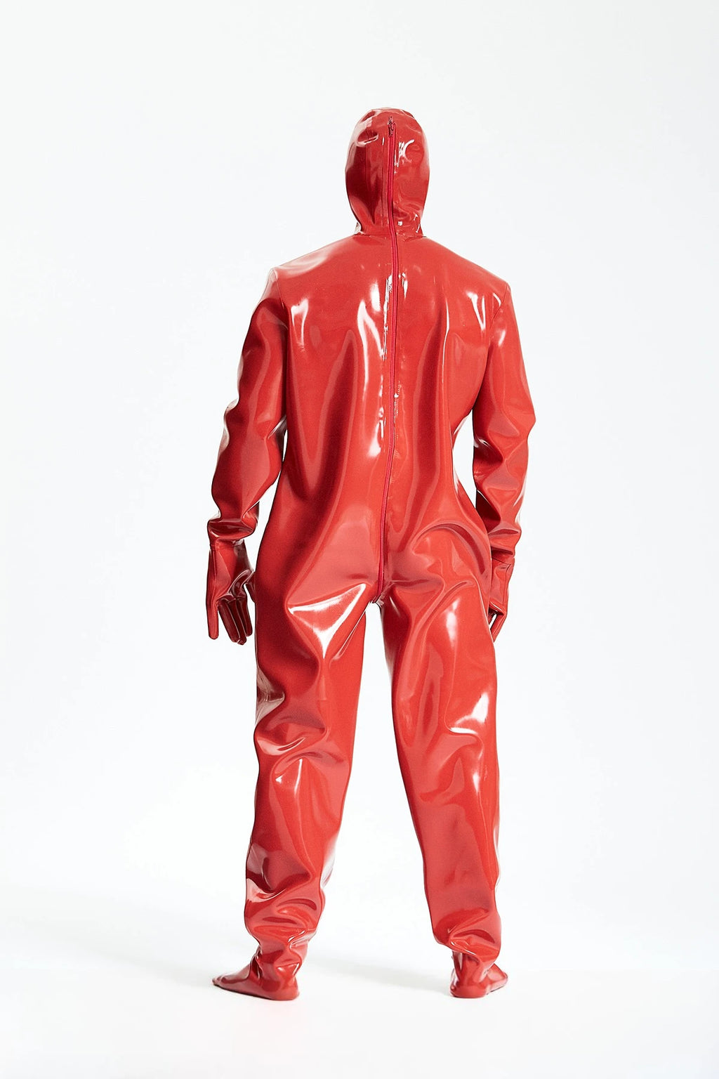 Red Male Hooded Heavy Latex Industrial Enclosure Latex Suit