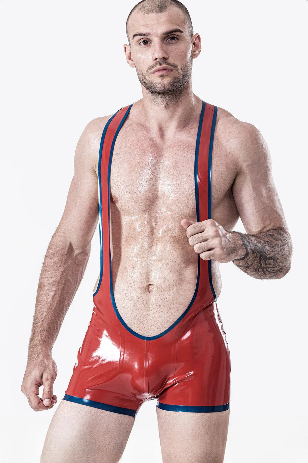 Red Male Open Bum Wrestling Latex Suit