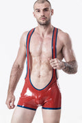 Red Male Open Bum Wrestling Latex Suit