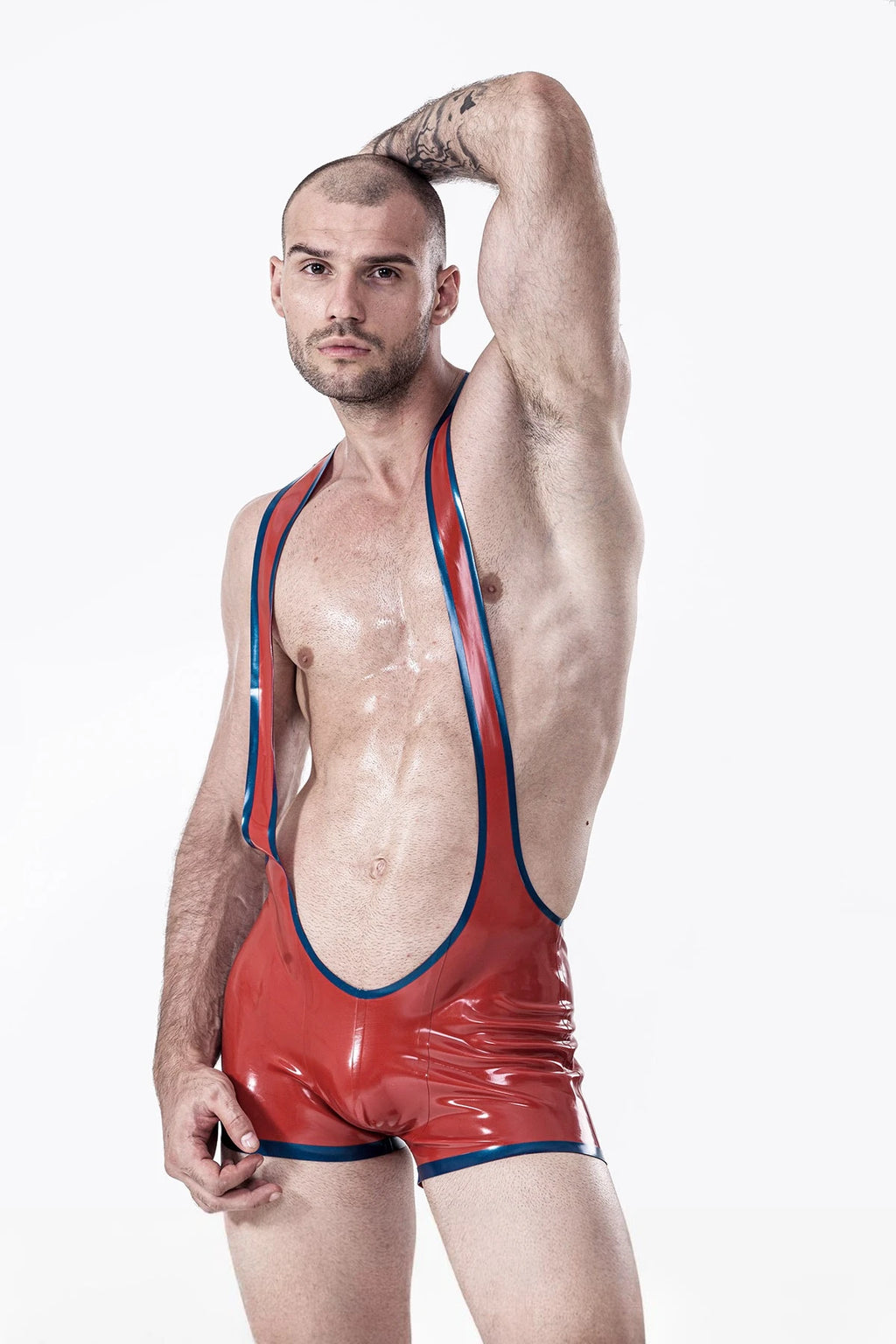 Red Male Open Bum Wrestling Latex Suit