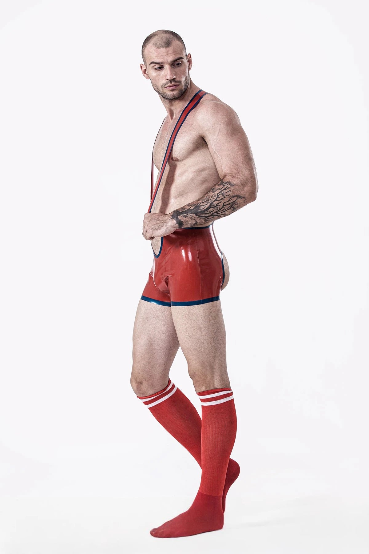 Red Male Open Bum Wrestling Latex Suit