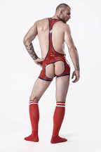 Red Male Open Bum Wrestling Latex Suit