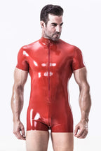Red Male Short-sleeved Romper Style Open Bum Latex Leotard