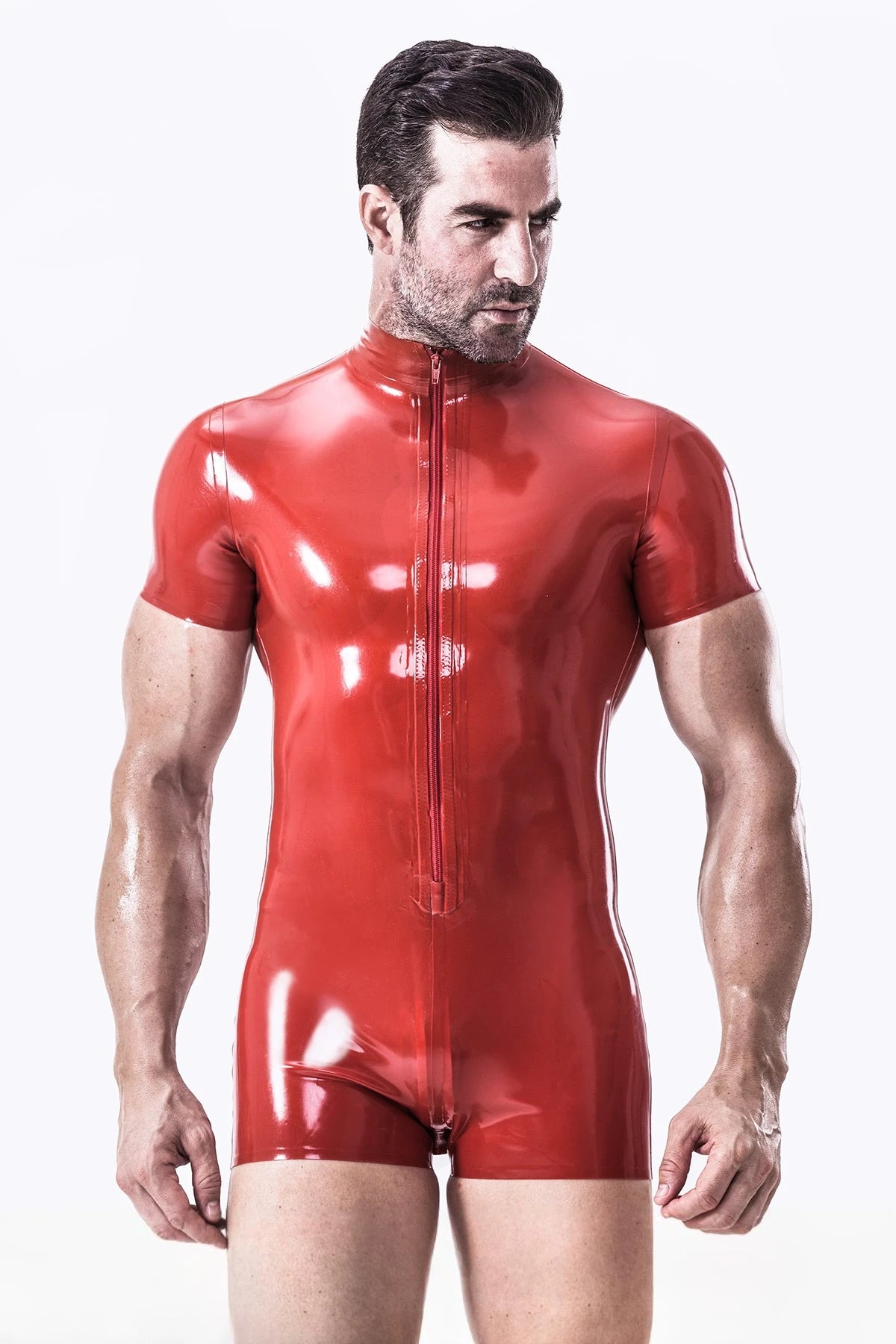 Red Male Short-sleeved Romper Style Open Bum Latex Leotard