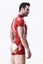 Red Male Short-sleeved Romper Style Open Bum Latex Leotard