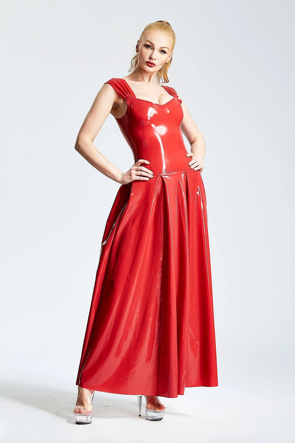 Red Panel-Pleated Formal Maxi Latex Dress
