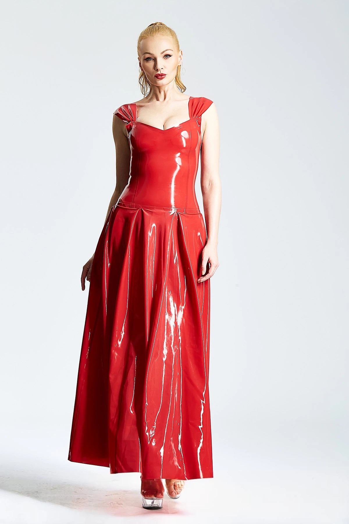 Red Panel-Pleated Formal Maxi Latex Dress