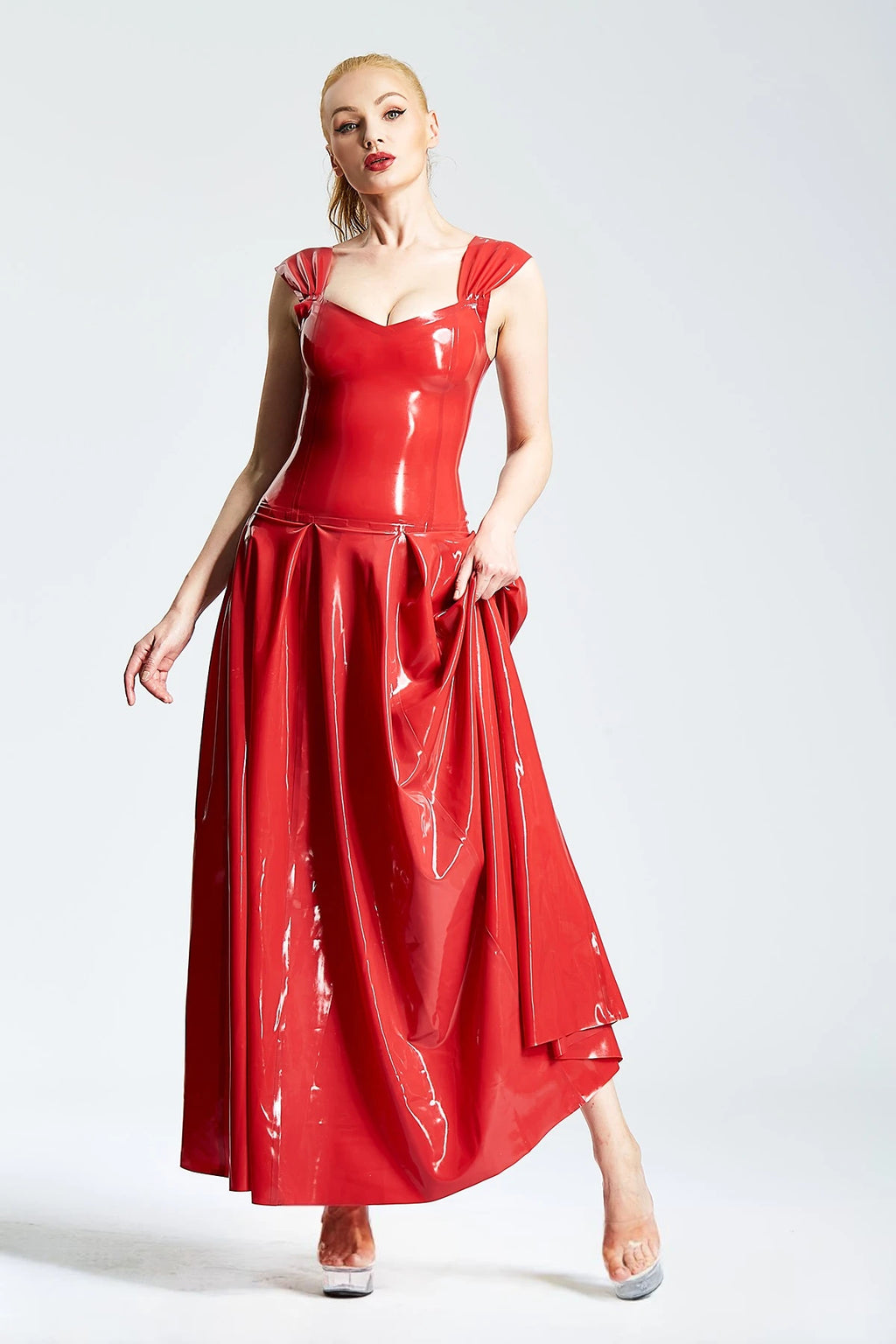 Red Panel-Pleated Formal Maxi Latex Dress