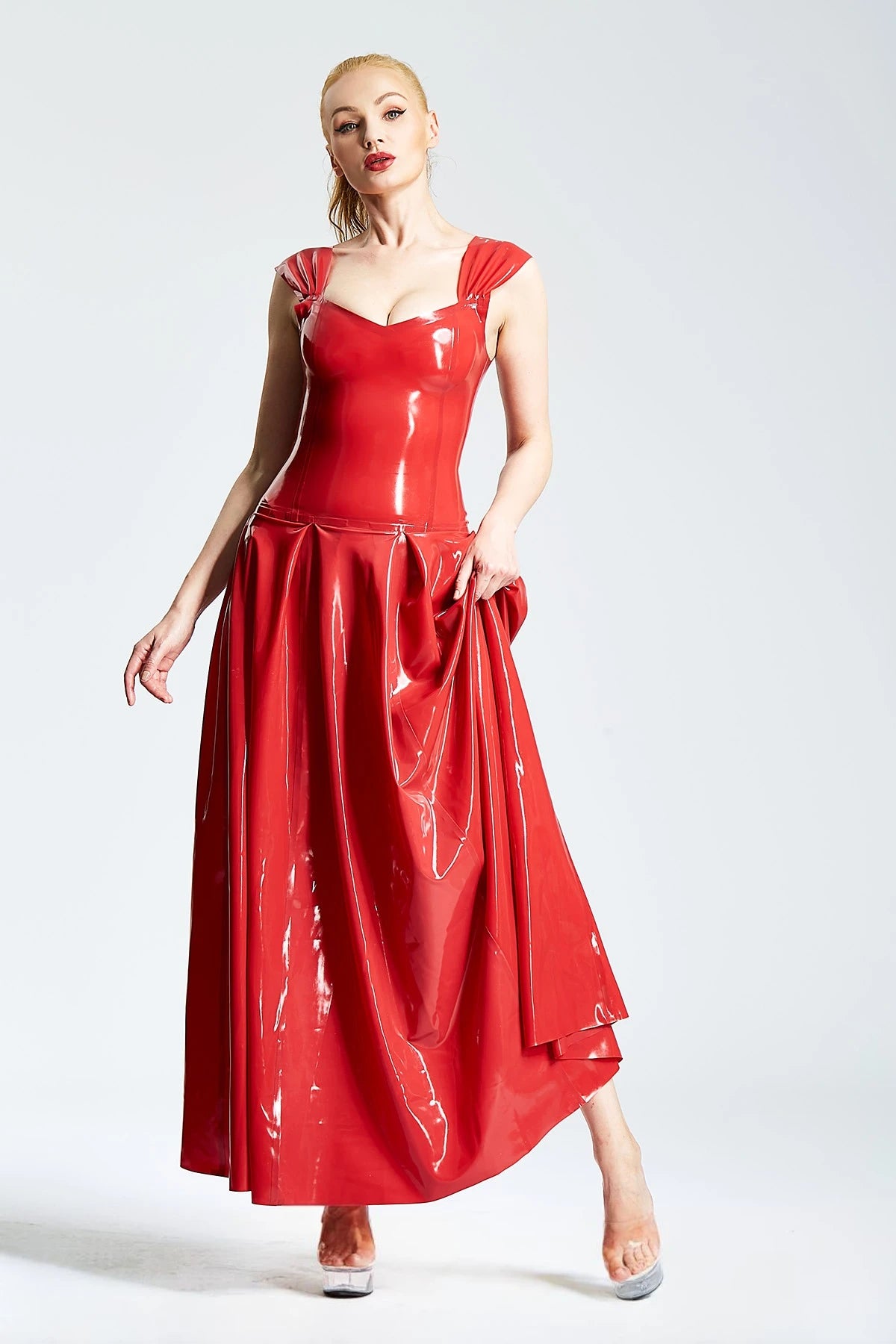 Red Panel-Pleated Formal Maxi Latex Dress