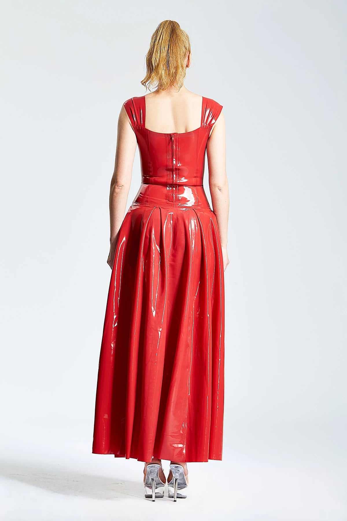 Red Panel-Pleated Formal Maxi Latex Dress