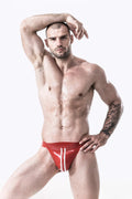 Red, secondary color is White Male Latex Double Line Jockstrap
