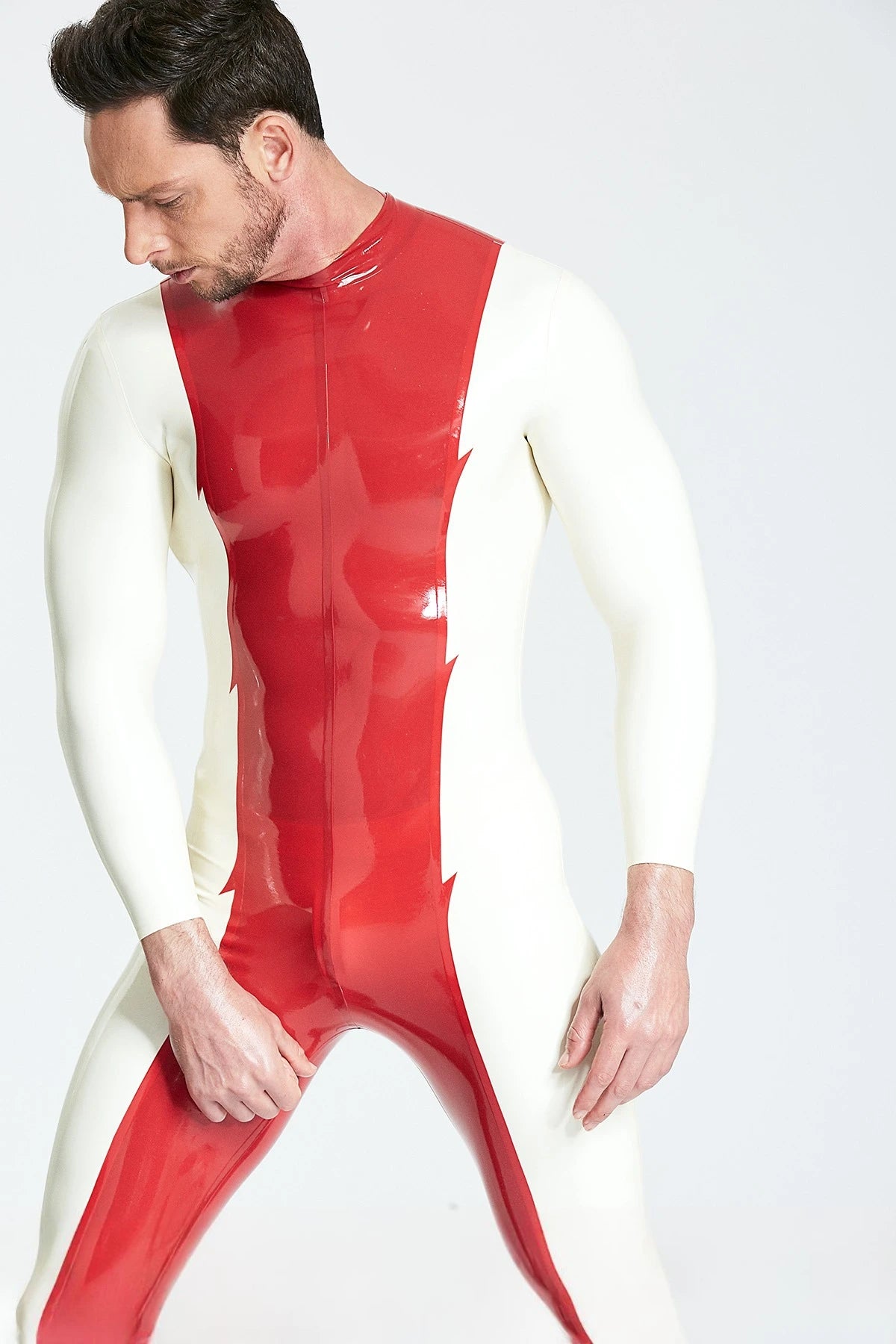 Red, secondary color is White Male 'Mr Jagger' Latex Catsuit
