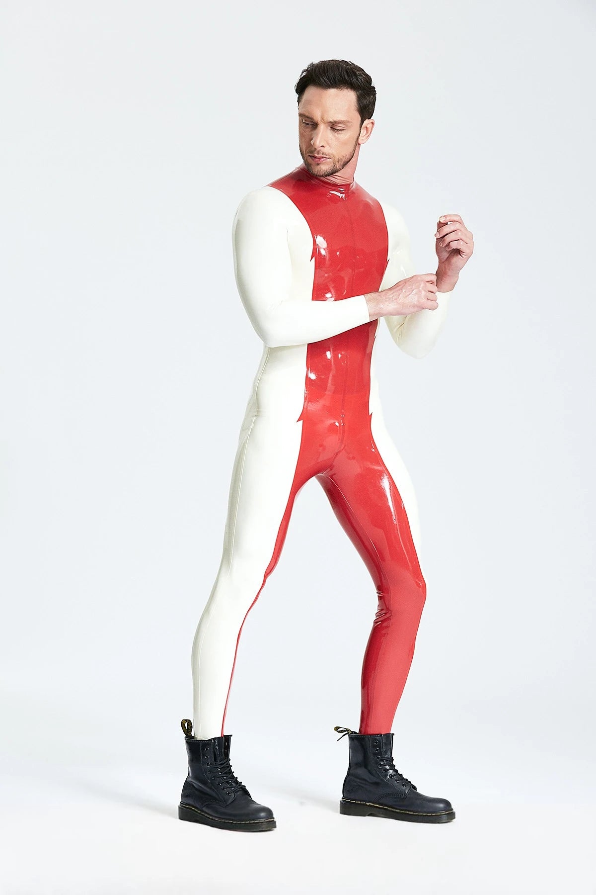 Red, secondary color is White Male 'Mr Jagger' Latex Catsuit