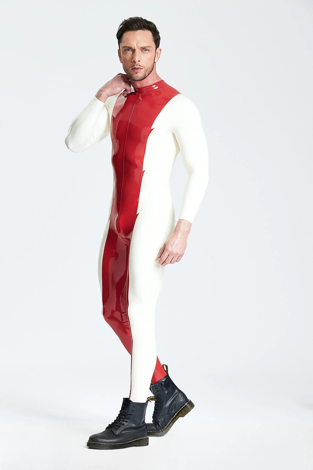 Red, secondary color is White Male 'Mr Jagger' Latex Catsuit
