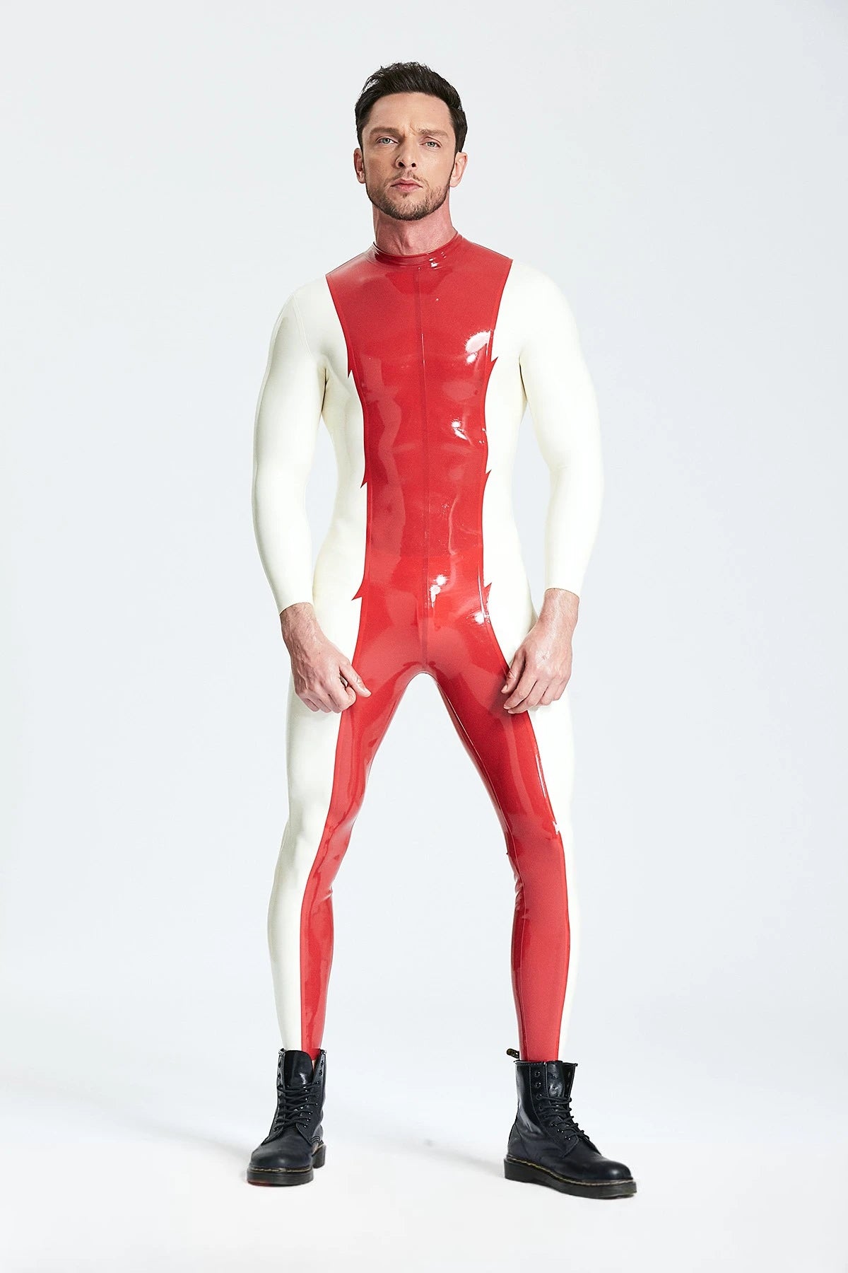 Red, secondary color is White Male 'Mr Jagger' Latex Catsuit