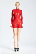 Red Short-Legged Front Zip Romper Latex Suit