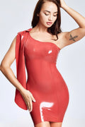 Red Slanted Sleeve Latex Mini Ball Dress