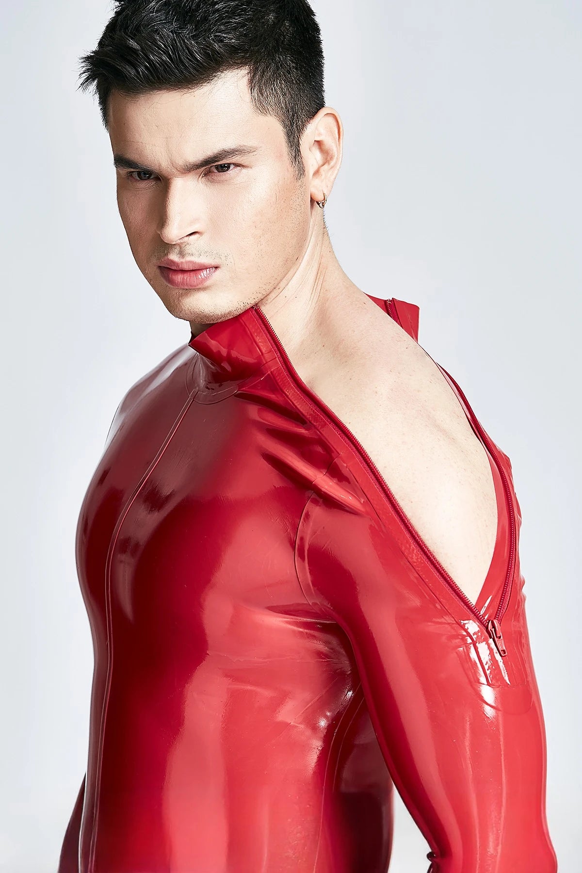 Red & Dark Blue Male Shoulder-zip Latex Catsuit