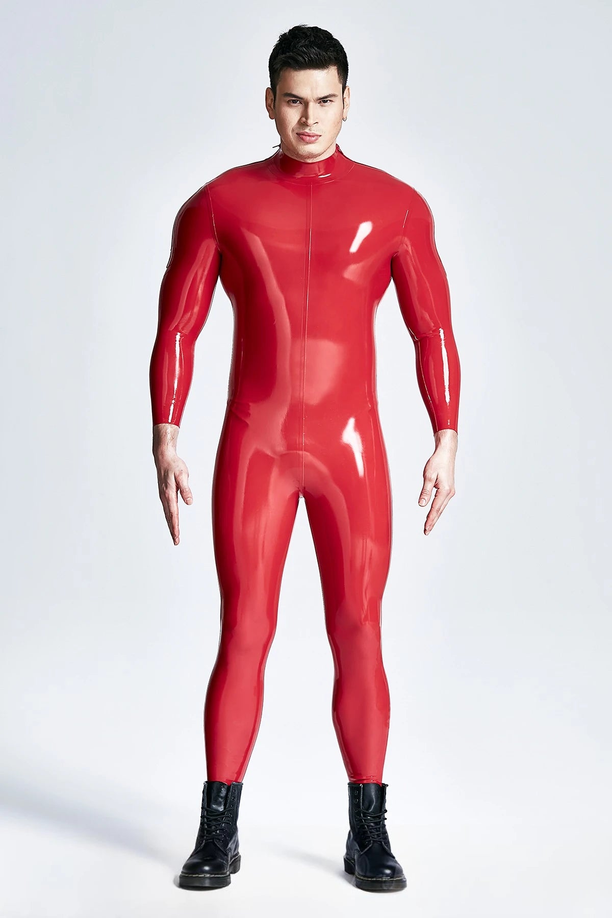 Red & Dark Blue Male Shoulder-zip Latex Catsuit
