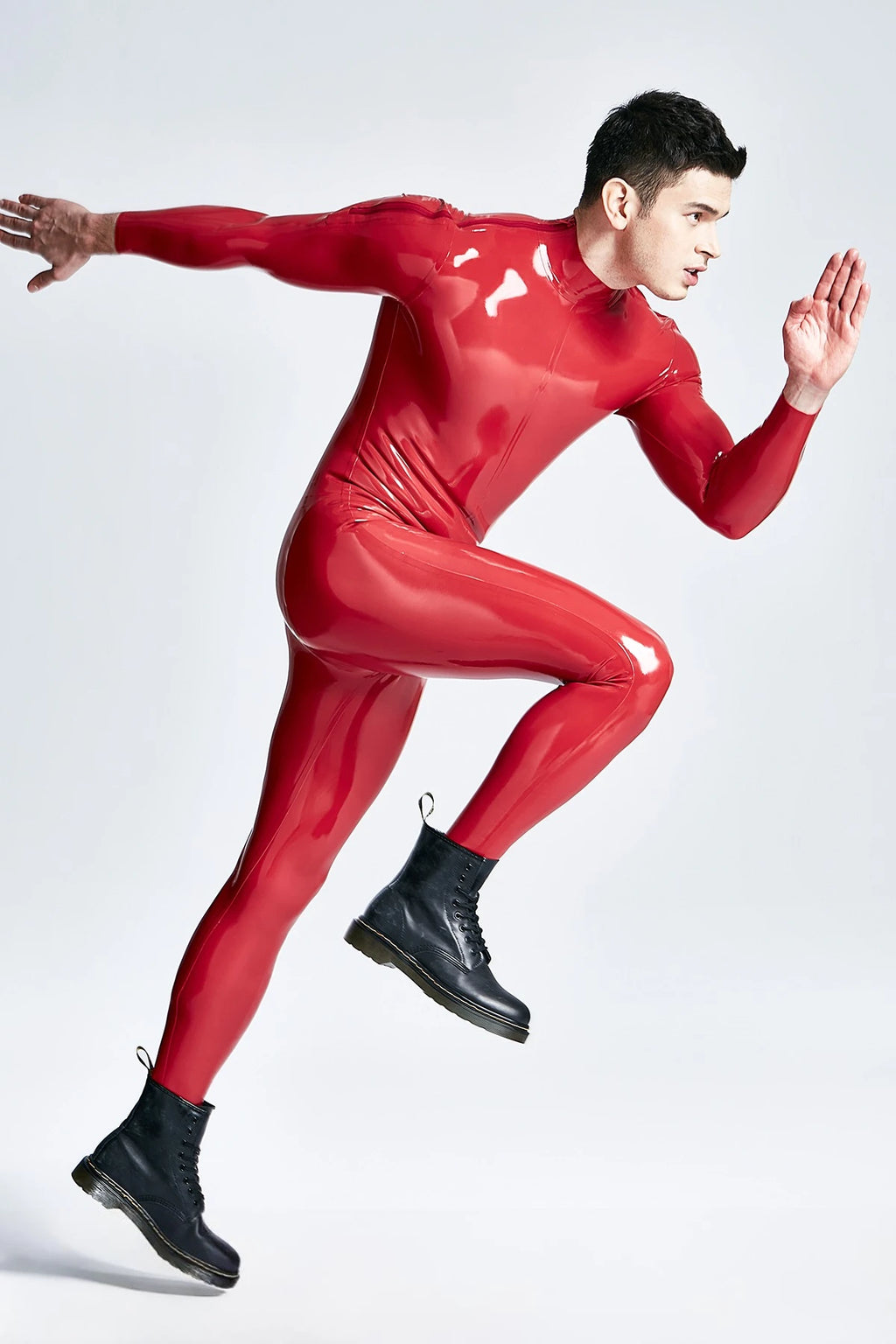 Red & Dark Blue Male Shoulder-zip Latex Catsuit