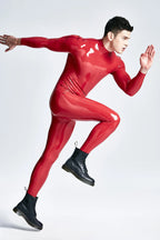 Red & Dark Blue Male Shoulder-zip Latex Catsuit