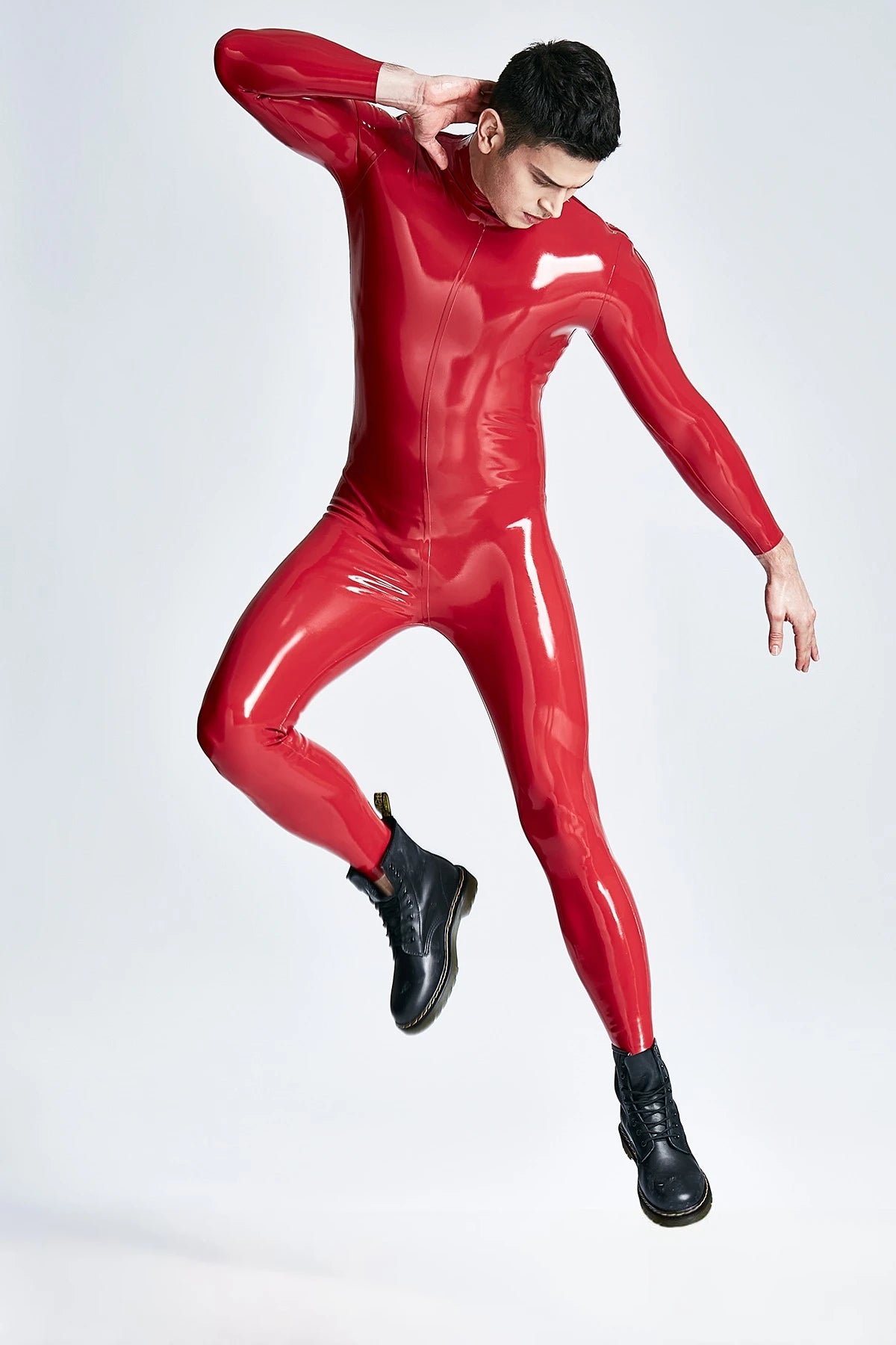 Red & Dark Blue Male Shoulder-zip Latex Catsuit