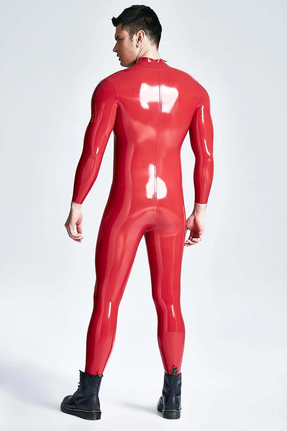 Red & Dark Blue Male Shoulder-zip Latex Catsuit