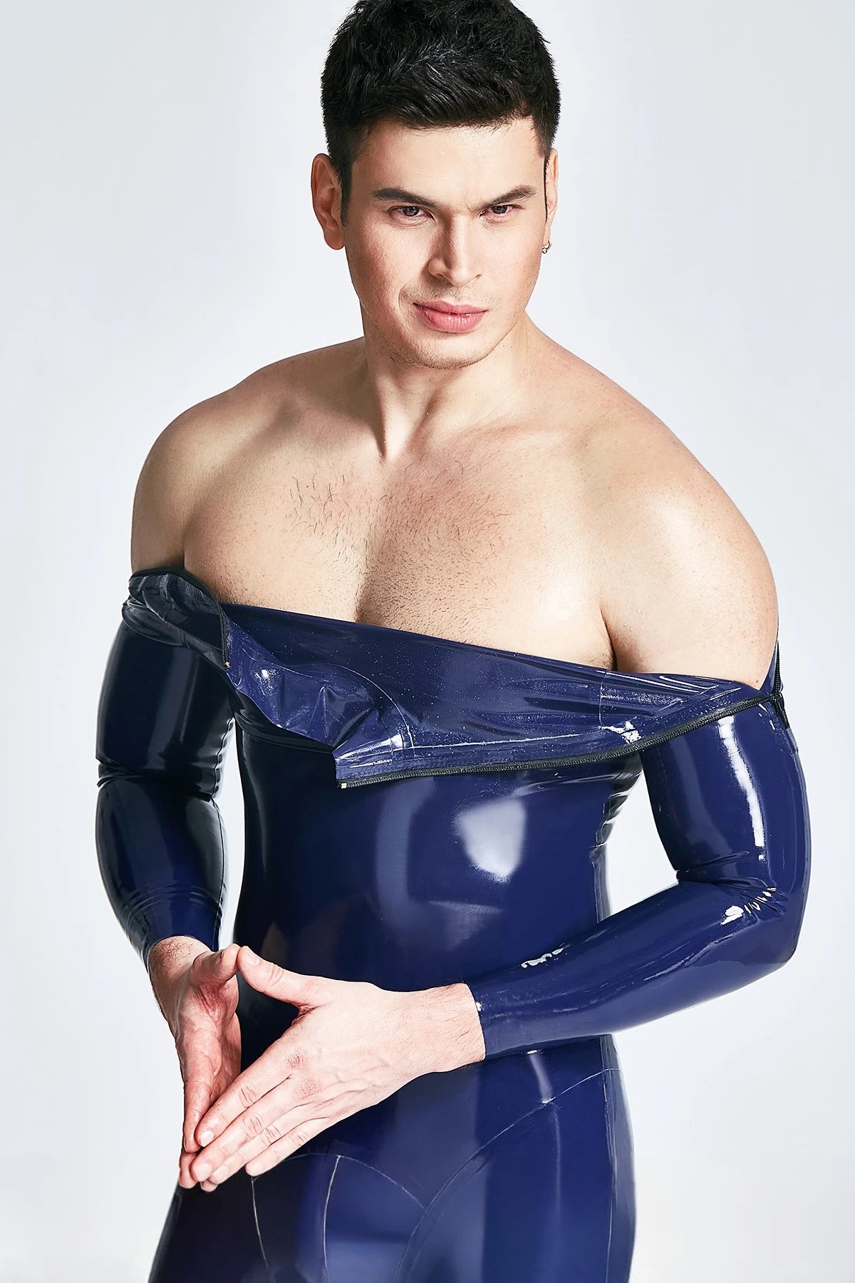 Red & Dark Blue Male Shoulder-zip Latex Catsuit