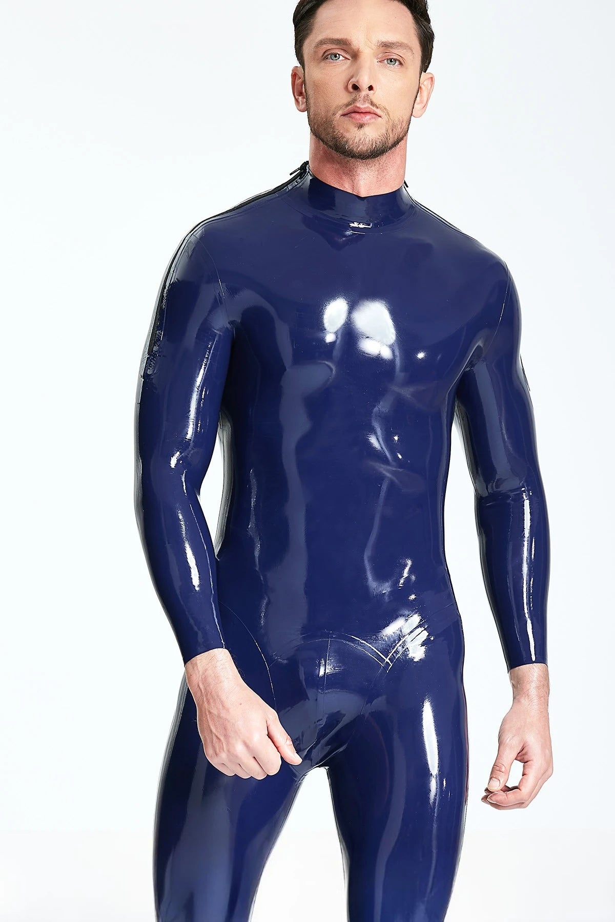 Red & Dark Blue Male Shoulder-zip Latex Catsuit