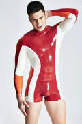 Red Male Latex Tri-Color Long-Sleeved Shortie Suit