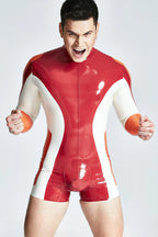Red Male Latex Tri-Color Long-Sleeved Shortie Suit