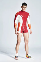 Red Male Latex Tri-Color Long-Sleeved Shortie Suit