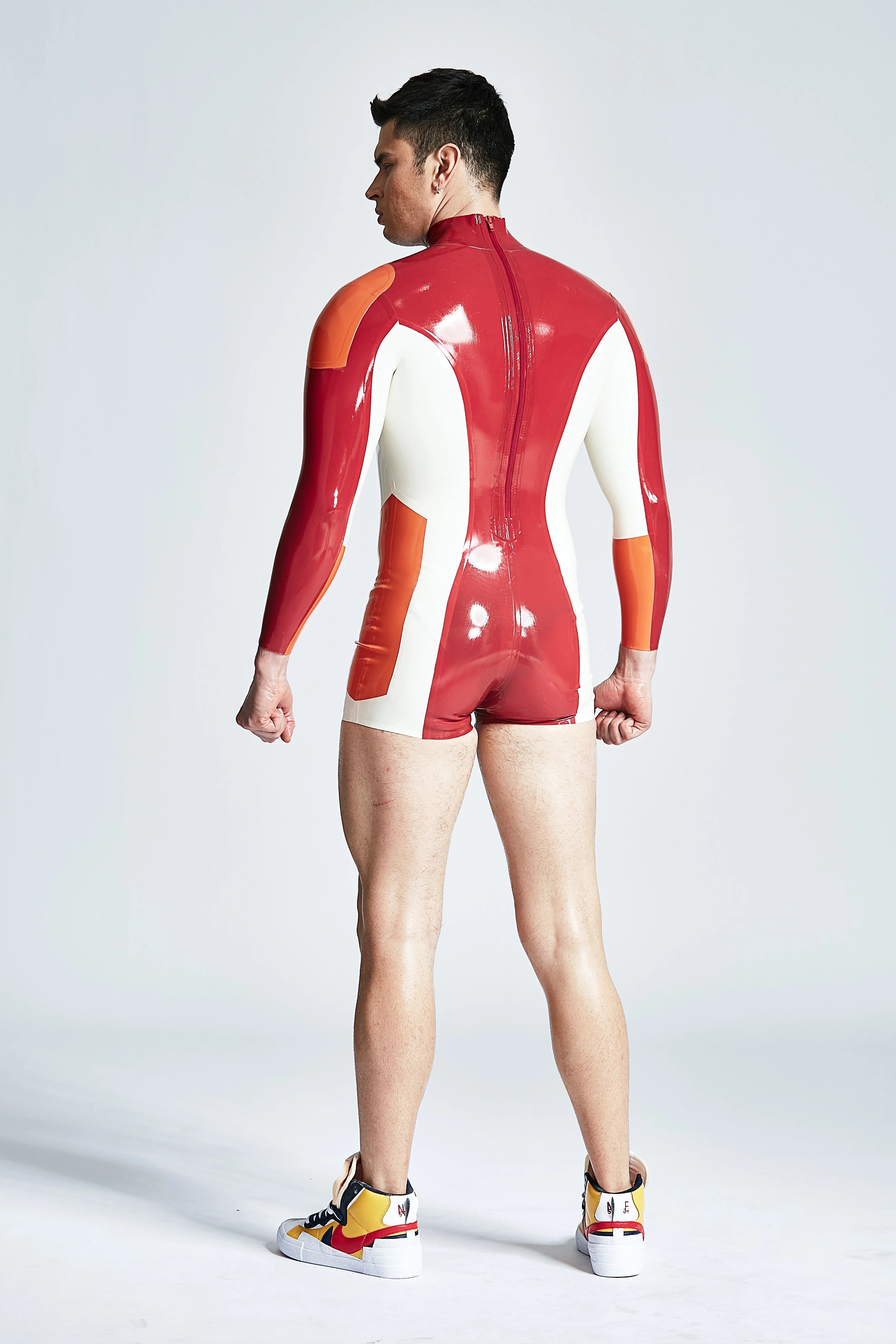 Red Male Latex Tri-Color Long-Sleeved Shortie Suit