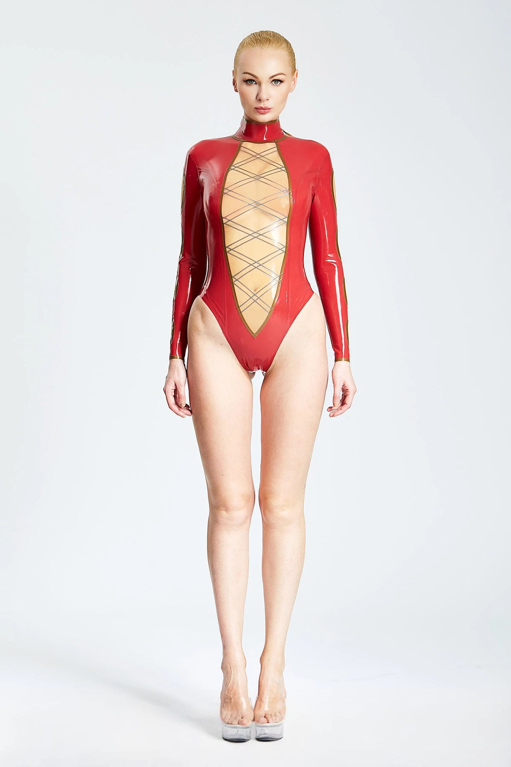 Red Criss-crossed Long-Sleeved Latex Leotard
