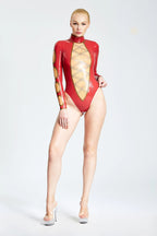 Red Criss-crossed Long-Sleeved Latex Leotard