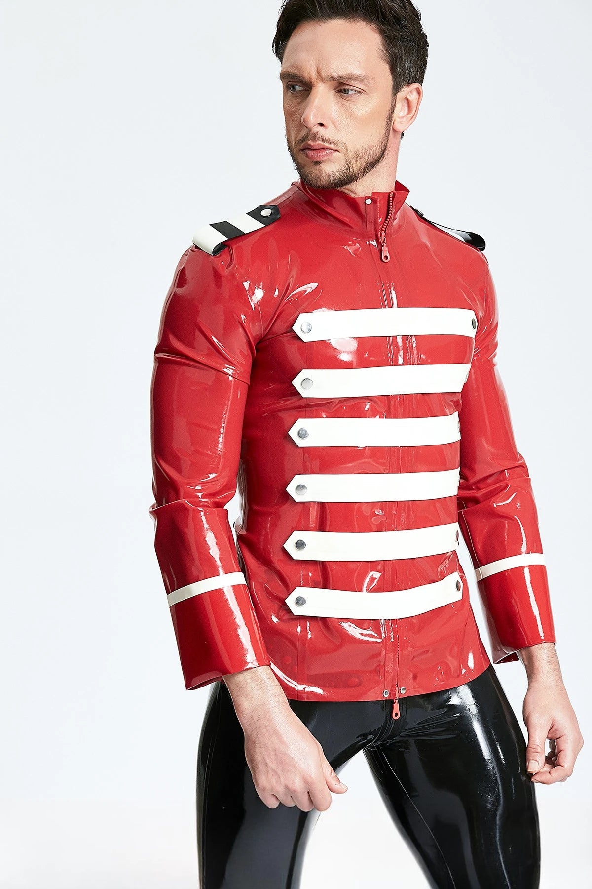 Red Male 'Bandleader' Tunic Latex Jacket