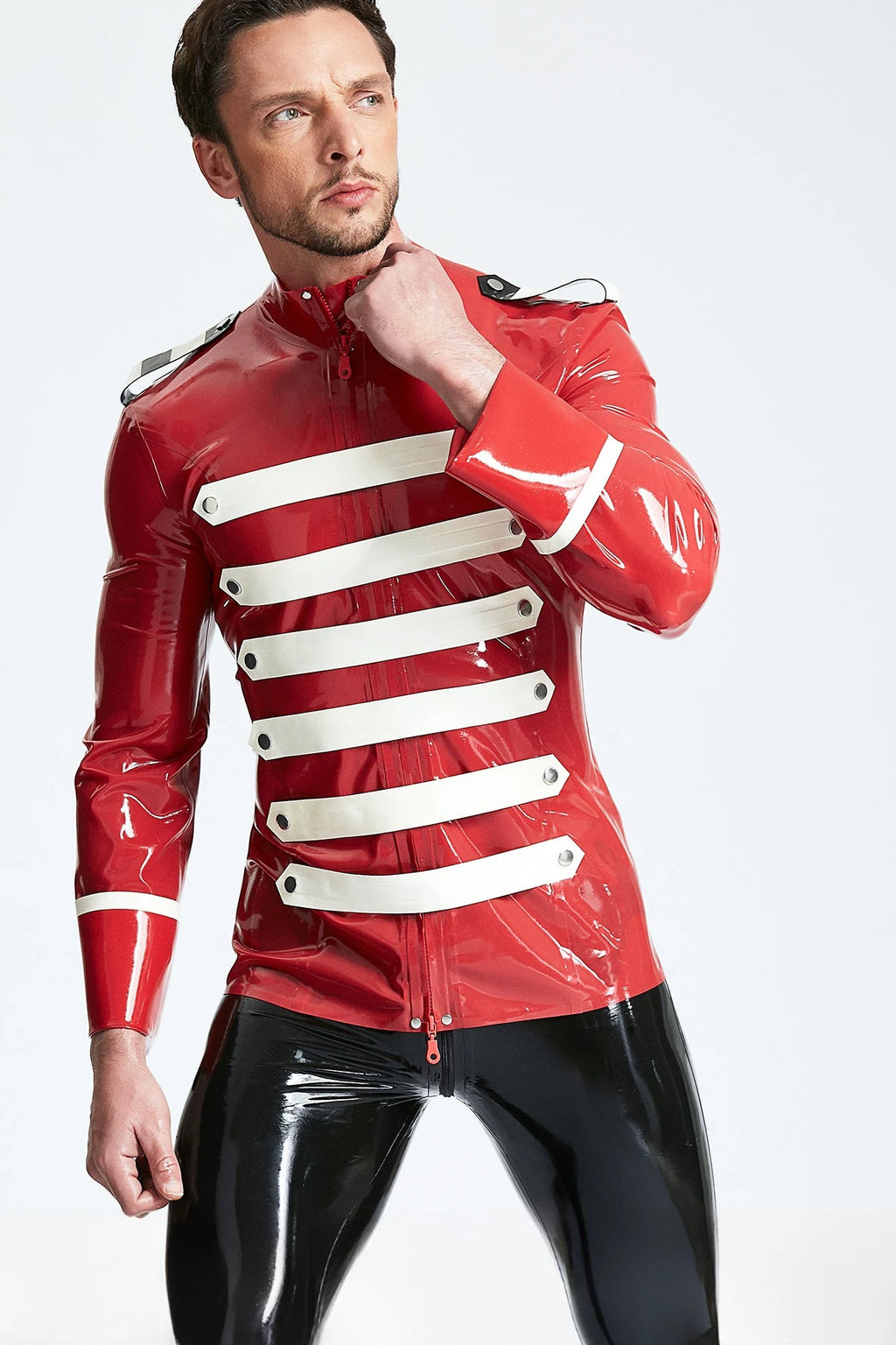Red Male 'Bandleader' Tunic Latex Jacket