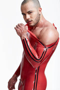 Red, trim color is Black Male 'Double Lines' Shoulder-Zipper Latex Catsuit