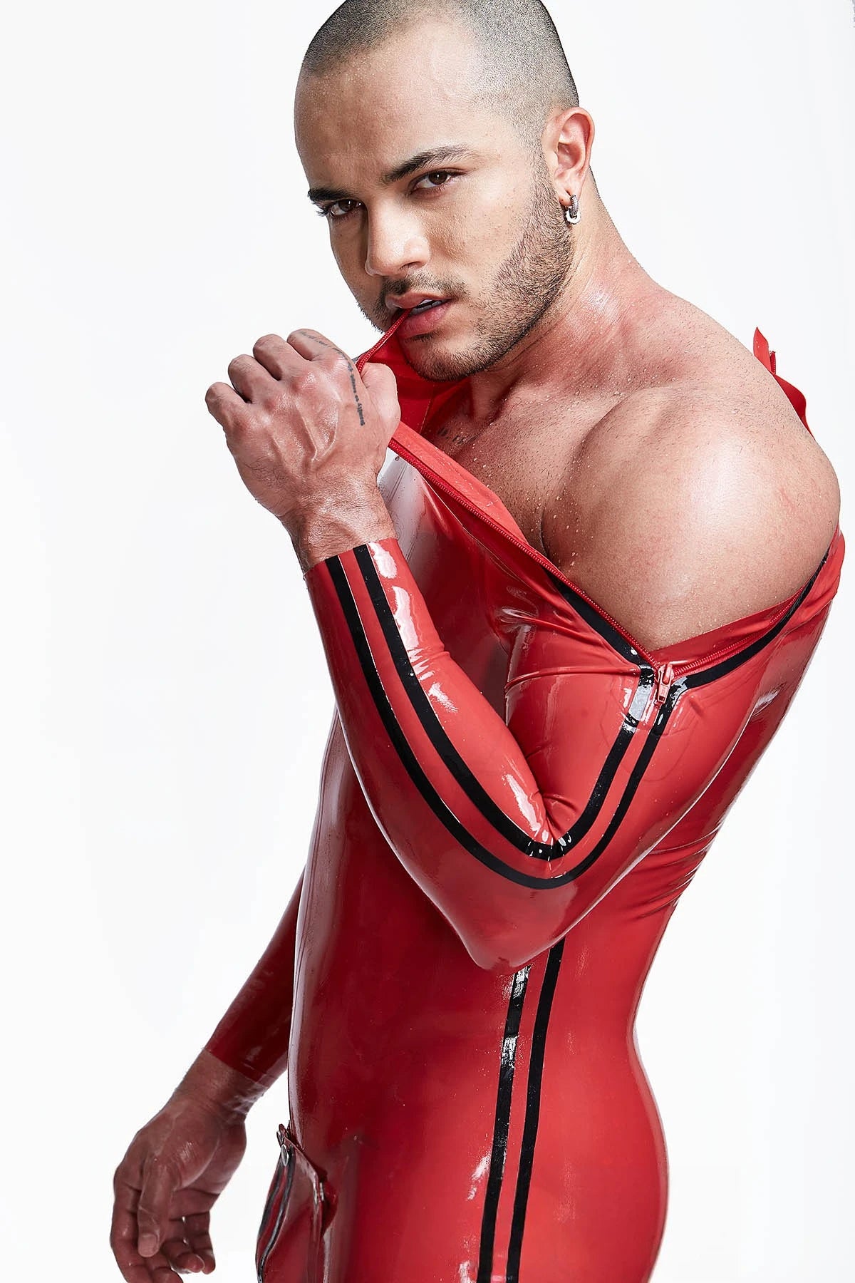 Red, trim color is Black Male 'Double Lines' Shoulder-Zipper Latex Catsuit