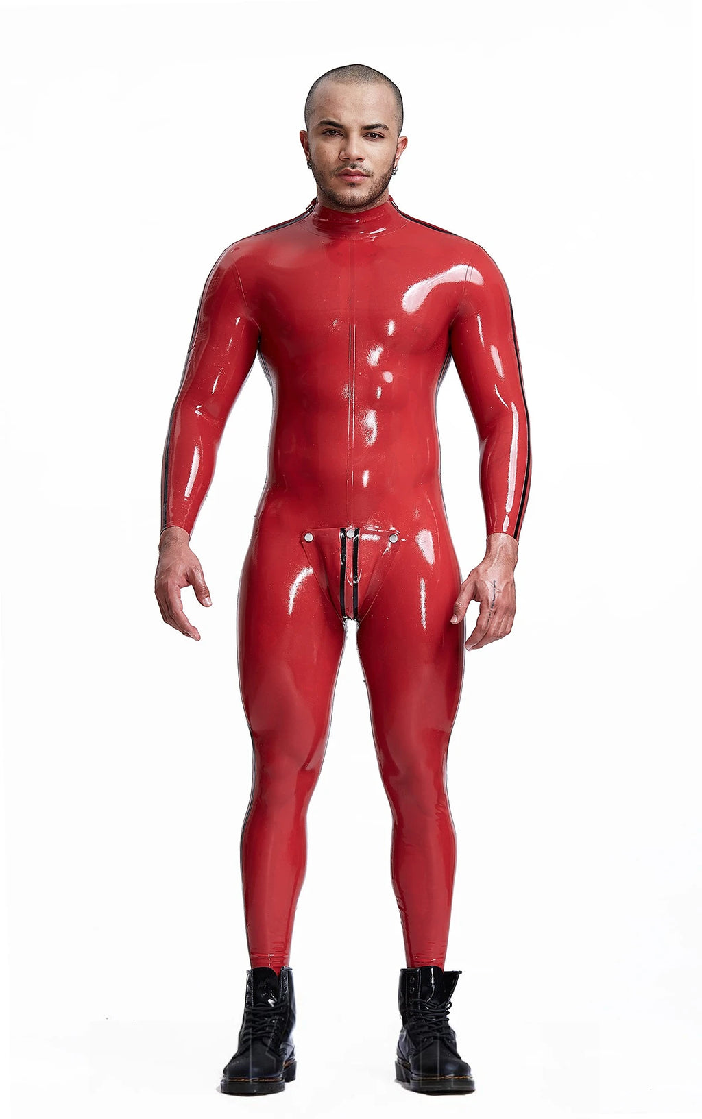 Red, trim color is Black Male 'Double Lines' Shoulder-Zipper Latex Catsuit